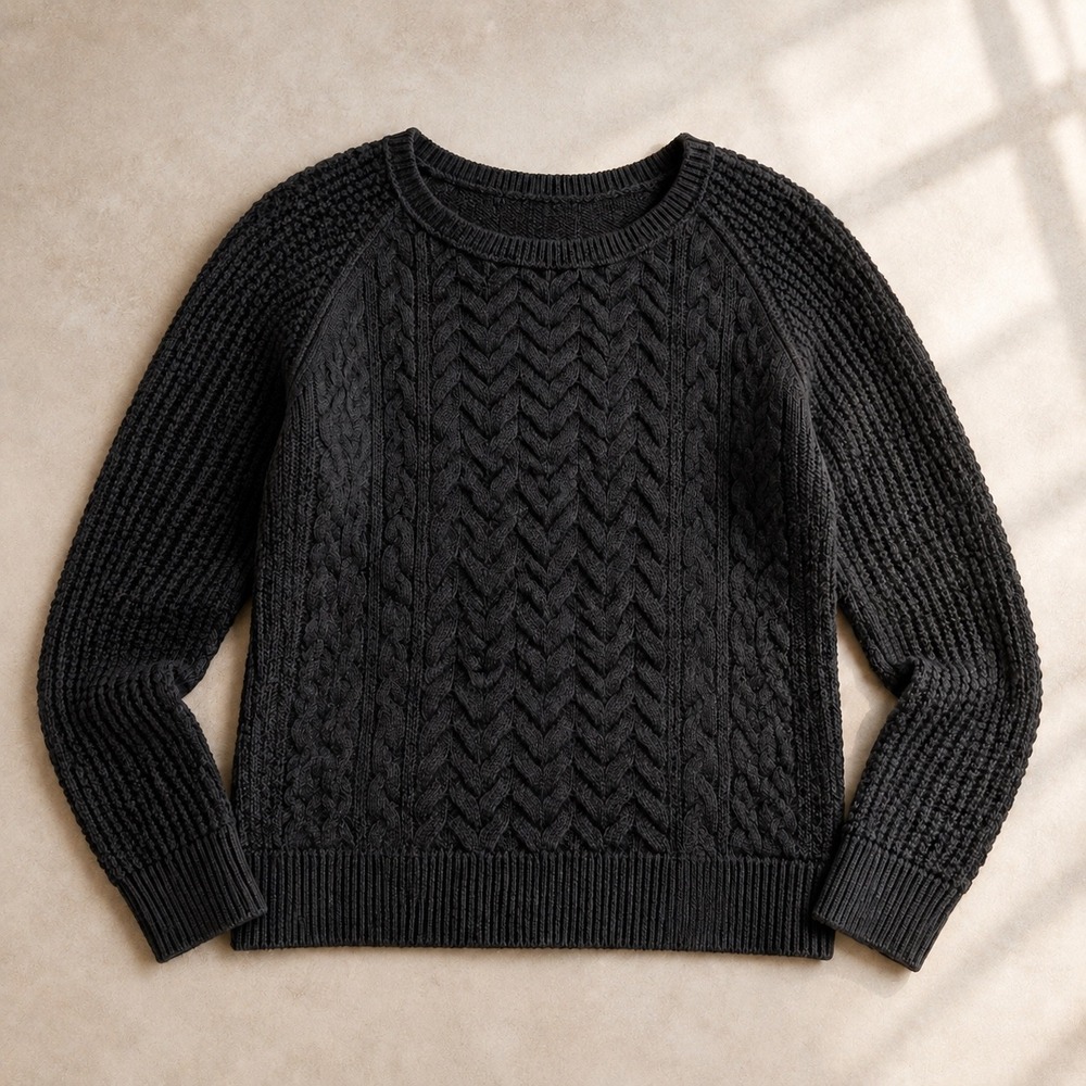 Quiet Luxury Cable Knit Sweater Charcoal Black Cotton Blend Raglan Sleeve M